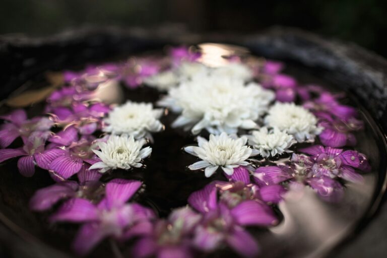 Orquídeas y flores blancas flotando en un cuenco de agua, típico de los spas de Tailandia